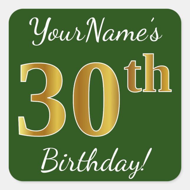 Sticker Carré Vert, Faux Gold 30e anniversaire + Nom personnalis (Devant)