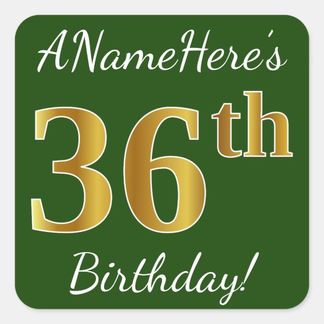 Sticker Carré Vert, Faux Gold 36e anniversaire + Nom personnalis (Devant)