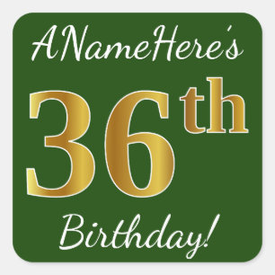 Sticker Carré Vert, Faux Gold 36e anniversaire + Nom personnalis