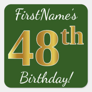 Sticker Carré Vert, Faux Gold 48e anniversaire + Nom personnalis