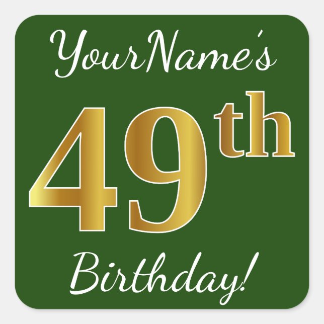 Sticker Carré Vert, Faux Gold 49e anniversaire + Nom personnalis (Devant)