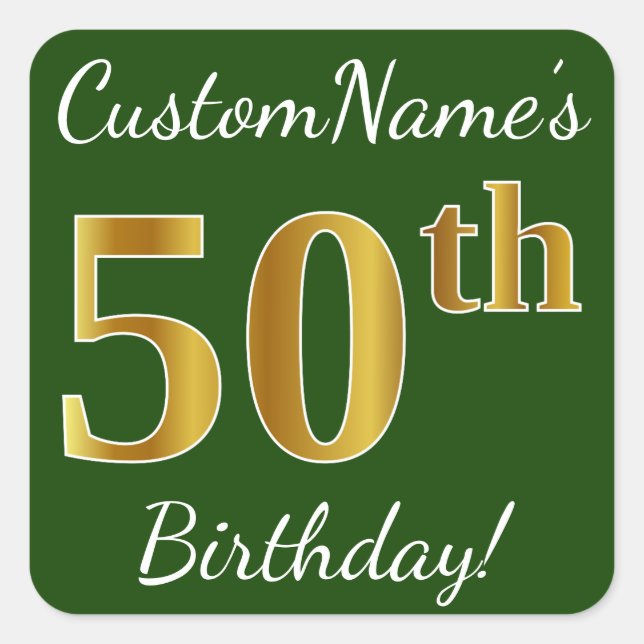 Sticker Carré Vert, Faux Gold 50e anniversaire + Nom personnalis (Devant)