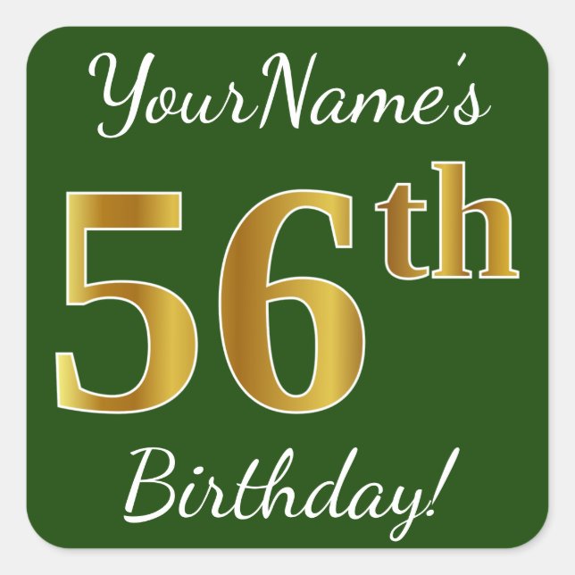 Sticker Carré Vert, Faux Gold 56e anniversaire + Nom personnalis (Devant)