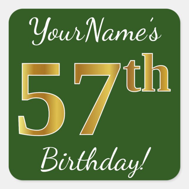 Sticker Carré Vert, Faux Gold 57e anniversaire + Nom personnalis (Devant)