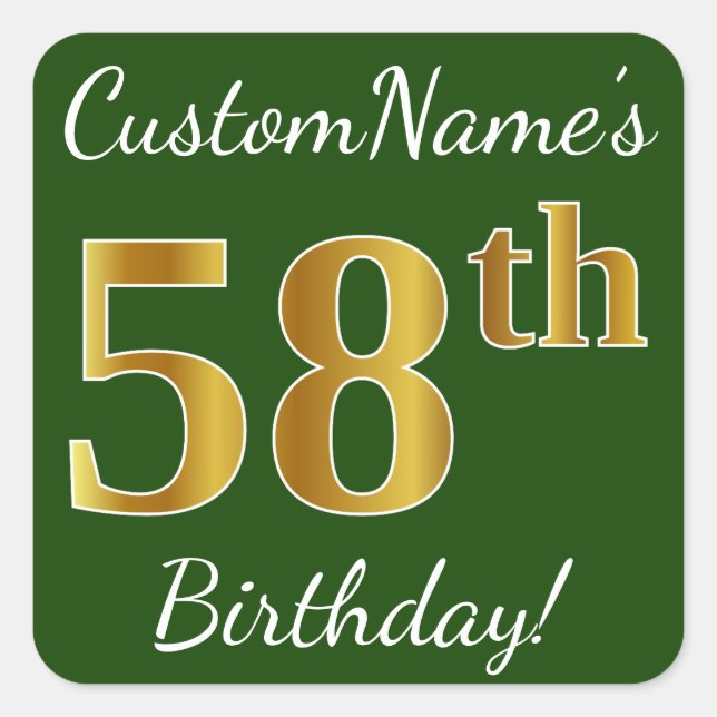Sticker Carré Vert, Faux Gold 58e anniversaire + Nom personnalis (Devant)