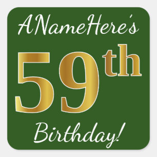 Sticker Carré Vert, Faux Gold 59e anniversaire + Nom personnalis