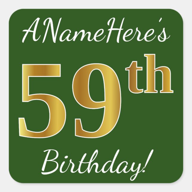 Sticker Carré Vert, Faux Gold 59e anniversaire + Nom personnalis (Devant)