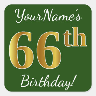 Sticker Carré Vert, Faux Gold 66e anniversaire + Nom personnalis