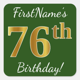 Sticker Carré Vert, Faux Gold 76e anniversaire + Nom personnalis
