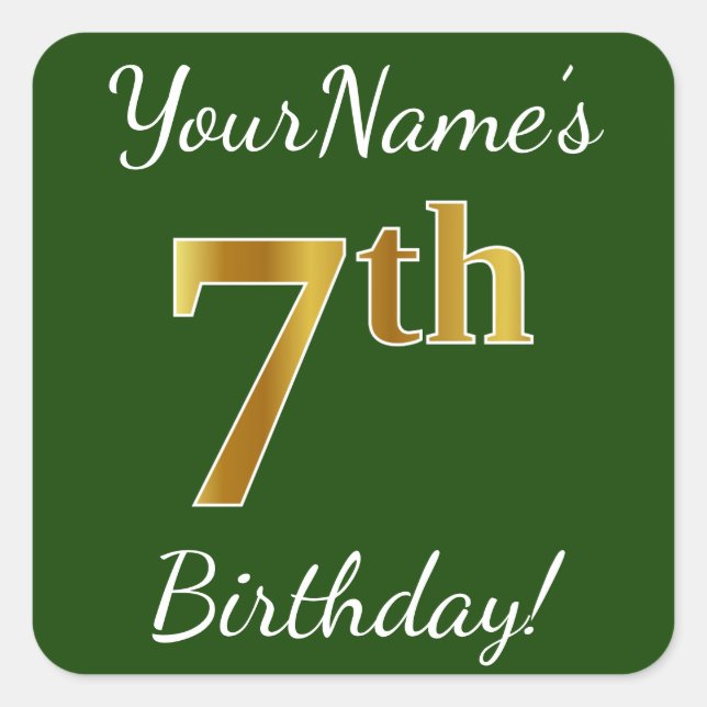 Sticker Carré Vert, Faux Gold 7e anniversaire + Nom personnalisé (Devant)