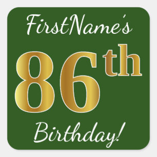 Sticker Carré Vert, Faux Gold 86e anniversaire + Nom personnalis