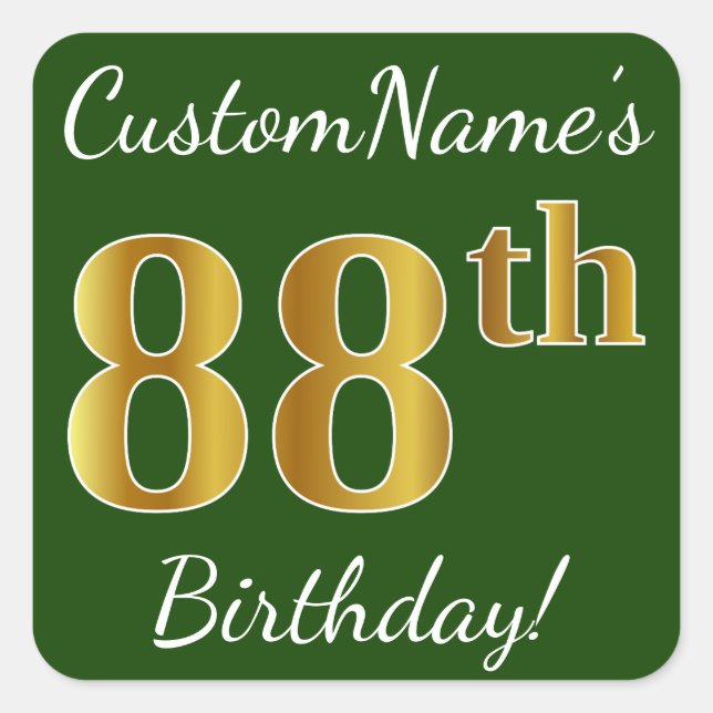 Sticker Carré Vert, Faux Gold 88e anniversaire + Nom personnalis (Devant)