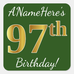 Sticker Carré Vert, Faux Gold 97e anniversaire + Nom personnalis