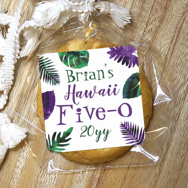 Sticker Carré Vert, feuilles de prune violette Hawaii 5-0 50e an (Green plum purple tropical Hawaiian monstera leaves, 50th birthday, Hawaii 5-0 party favor sticker)