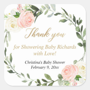 Sticker Carré Vert rose blanc aquarelle fleurie élégante