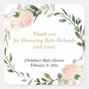 Sticker Carré Vert rose blanc aquarelle fleurie élégante