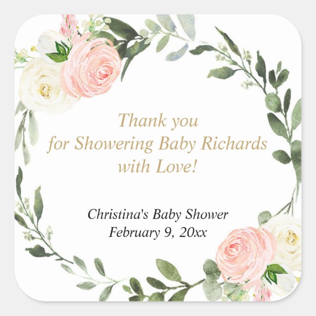 Sticker Carré Vert rose blanc aquarelle fleurie élégante (Devant)