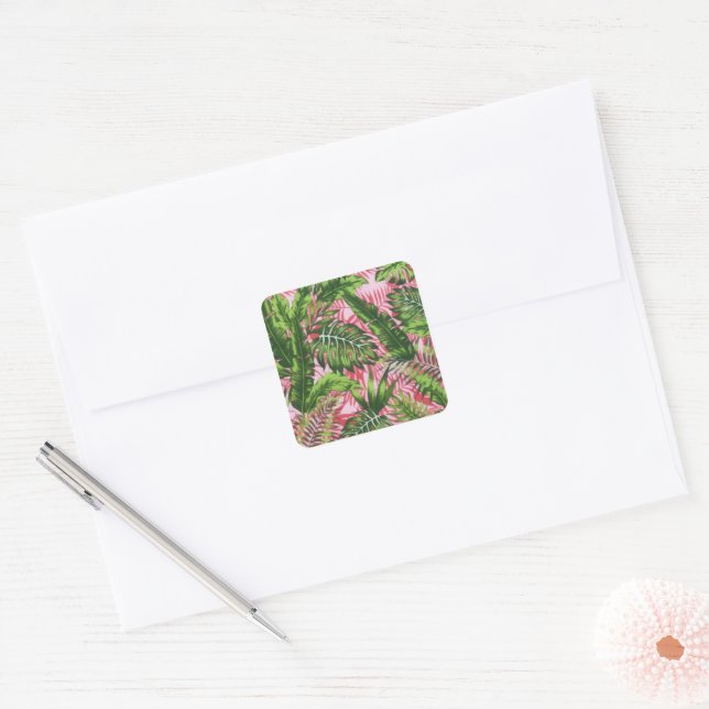 Sticker Carré Vert rose Jungle tropicale Botanique (Enveloppe)