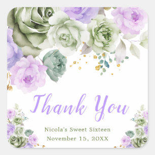 Sticker Carré Vert sauge et floral rose pour un Sweet Sixteen