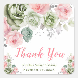 Sticker Carré Vert sauge et floral rose pour une Sweet Sixteen
