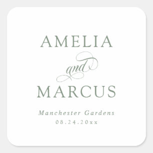 Sticker Carré Vert Sauge Mariage Calligraphie Vintage