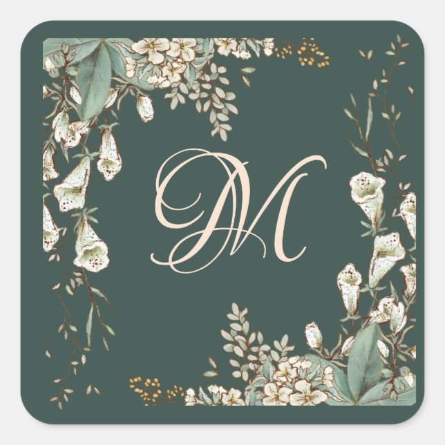 Sticker Carré Verte Floral Script Monogramme Mariage élégant (Devant)