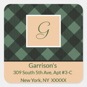 Sticker Carré Verte Plaid Monogramme Adresse de retour Carré Sce