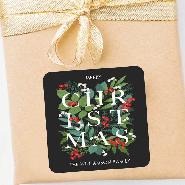 Sticker Carré Verts et Baies de Noël (CHRISTMAS greenery and berries black holiday personalized square stickers)
