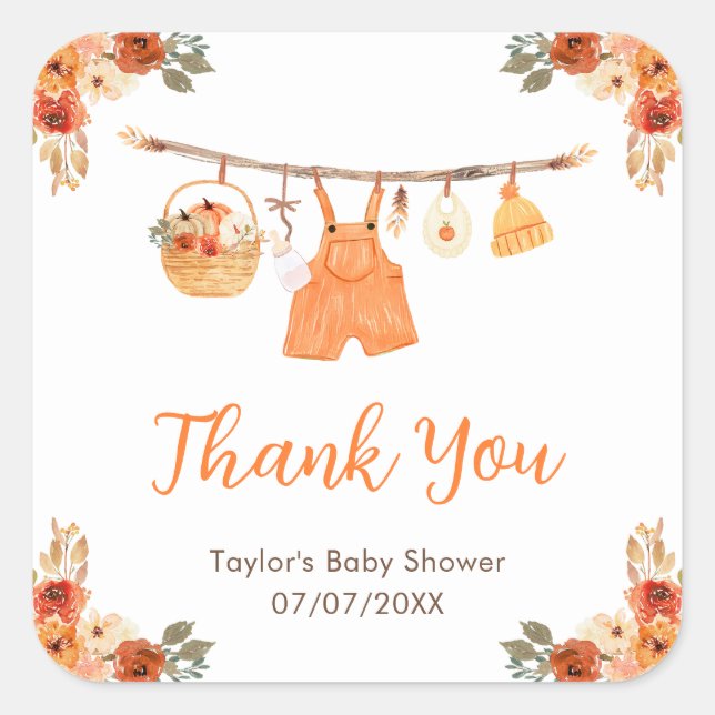 Sticker Carré Vêtements d'automne Ligne Garçon Baby shower Merci (Devant)
