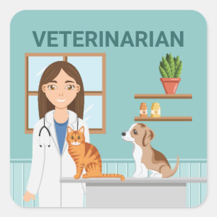 Sticker Carré Vétérinaire Clinique Vétérinaire Femme Avec Chat E