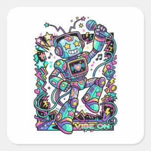 Sticker Carré VIBE ON Neon Robot DJ – Mascotte musicale colorée 