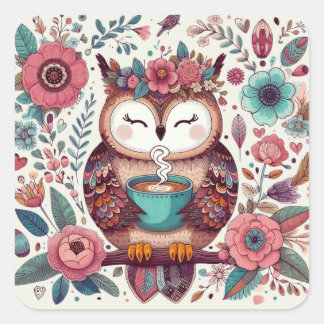 Sticker Carré Vibes Boho : Café et Chouette Art Cottagecore Desi
