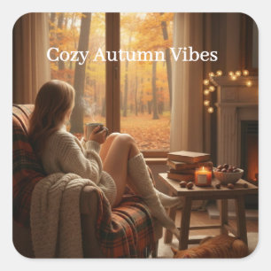 Sticker Carré Vibes d'automne cosy Fenêtre de cabane d'automne