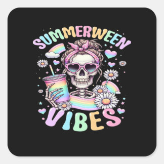 Sticker Carré Vibes de Summerween Douce Fille Squelette Été Halo