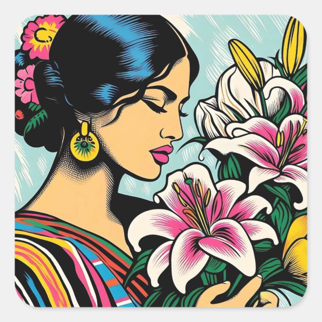Sticker Carré Vibrant Calla Lillies Floral Mexicaine Pop Art (Devant)