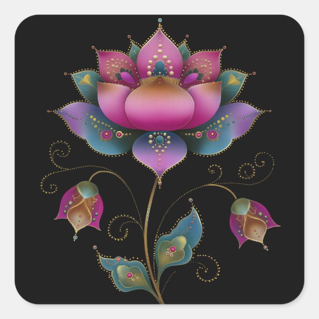 Sticker Carré Vibrant indien Mehndi Lotus Flower Rose Bleu Or (Devant)