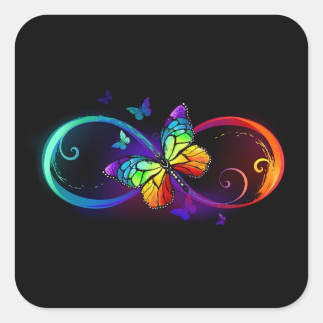 Sticker Carré Vibrant infinity with rainbow butterfly on black (Devant)