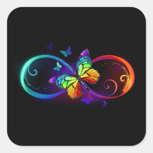 Sticker Carré Vibrant infinity with rainbow butterfly on black
