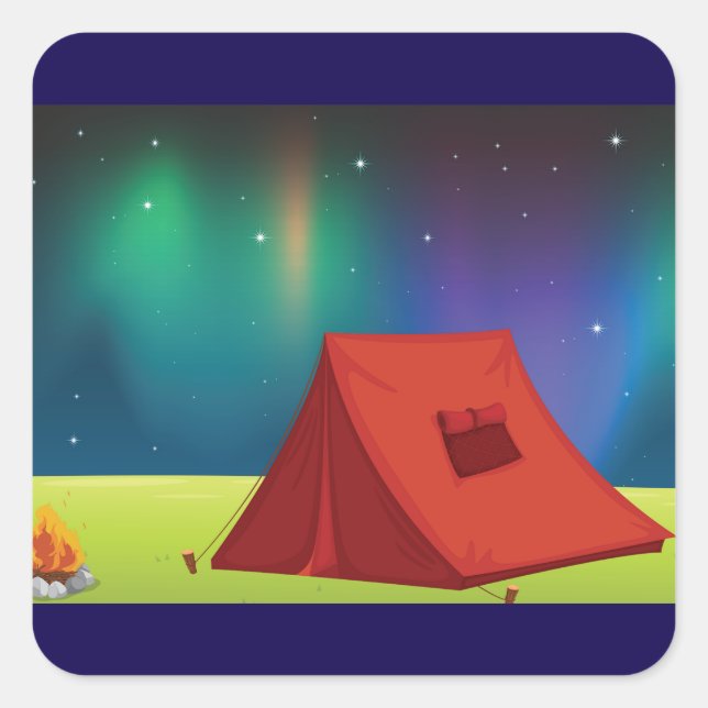 Sticker Carré Vibrant Northern Lights Camping Tent Night (Devant)