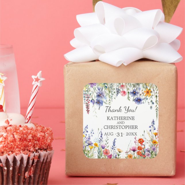 Sticker Carré Vibrant Wildflowers Wedding Elegant Thank You (Fête)