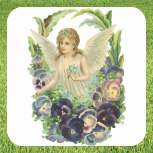 Sticker Carré Victorian Easter Angel with Purple Pansy Flowers