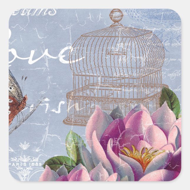 Sticker Carré Victorian Love Thoughts Dreams Butterfly Bird Cage (Devant)
