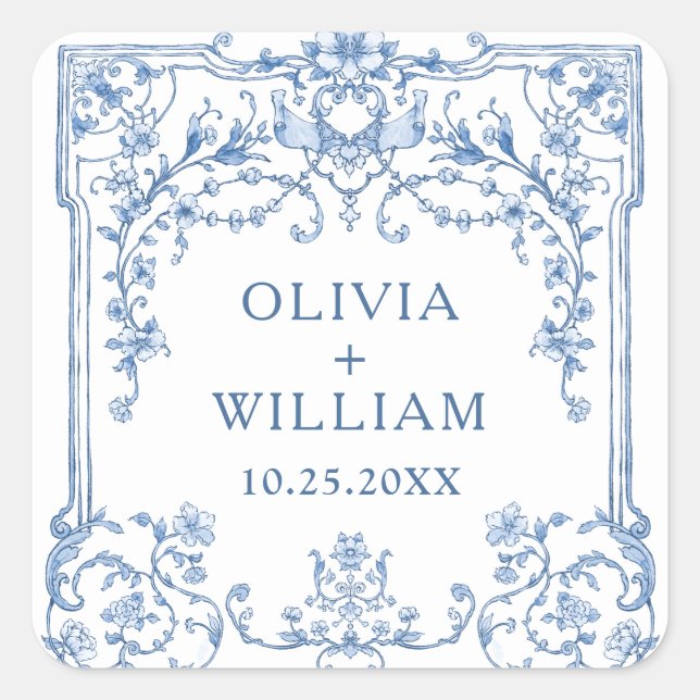 Sticker Carré Victorien Ornate Grace Floral Dusty Mariage bleu (Devant)