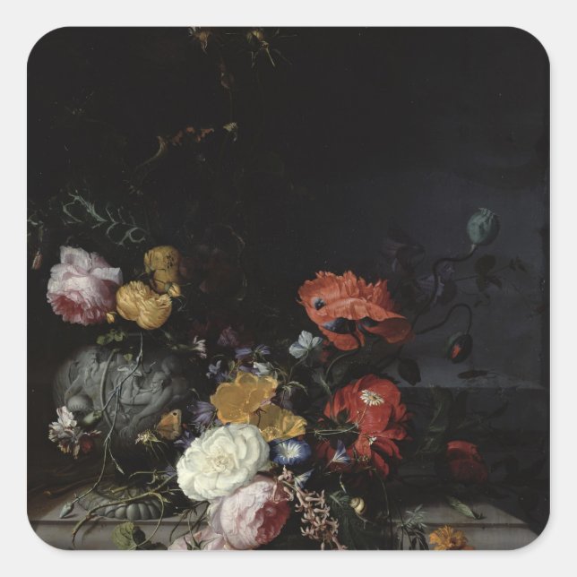 Sticker Carré Vie morte avec fleurs et insectes (Devant)
