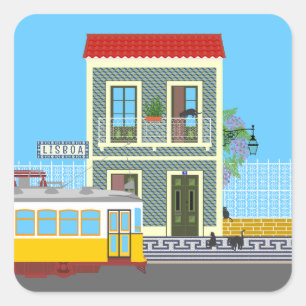 Sticker Carré Vieille maison de Lisbonne avec chats et tramway j