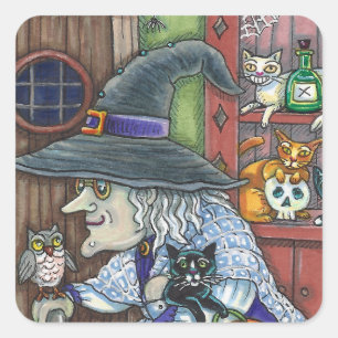STICKER CARRÉ VIEILLE WITCH HAPPY HOME, BEAUCOUP DE CHATS & OWL