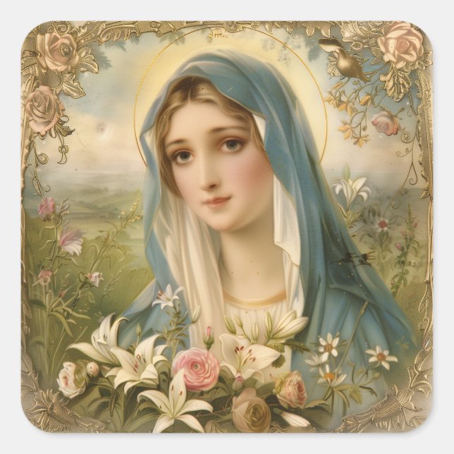 Sticker Carré Vierge Marie Fleurie catholique vintage (Devant)