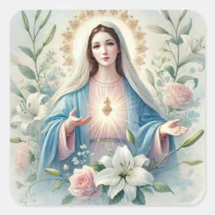Sticker Carré Vierge Marie Roses Vintages Croix catholique