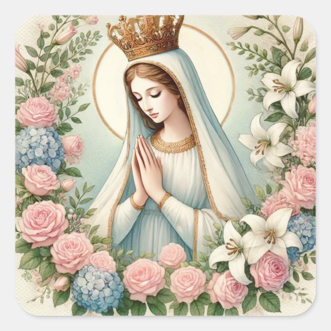 Sticker Carré Vierge religieuse Marie Fatima Roses roses (Devant)