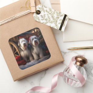 Sticker Carré Vieux anglais Cheepdog Snowy Sleigh Décor de Noël